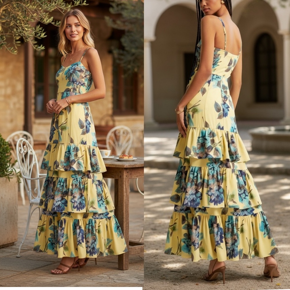 Abercrombie & Fitch Yellow Maxi Dress with Blue Floral Print